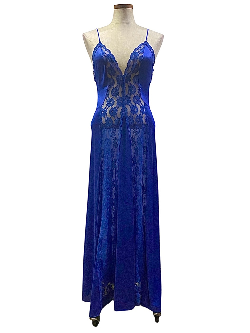 Vtg 80s Val Mode Sapphire Blue Nylon and Lace Nightgown M Boudoir Sexy Romantic